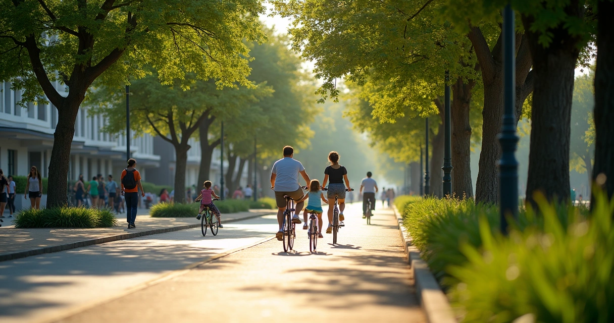 Família pedalando em ciclovia arborizada de Natal com calçada ao lado. 