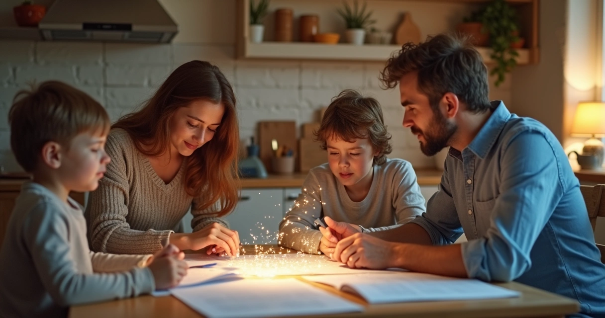 Família sentada à mesa refletindo sobre finanças, rostos pensativos e papéis à frente 