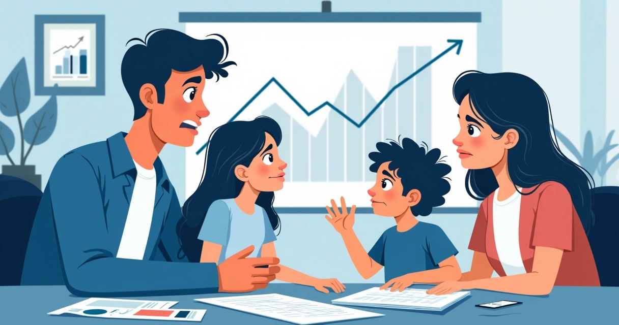 Família preocupada observando redução do patrimônio em gráficos 