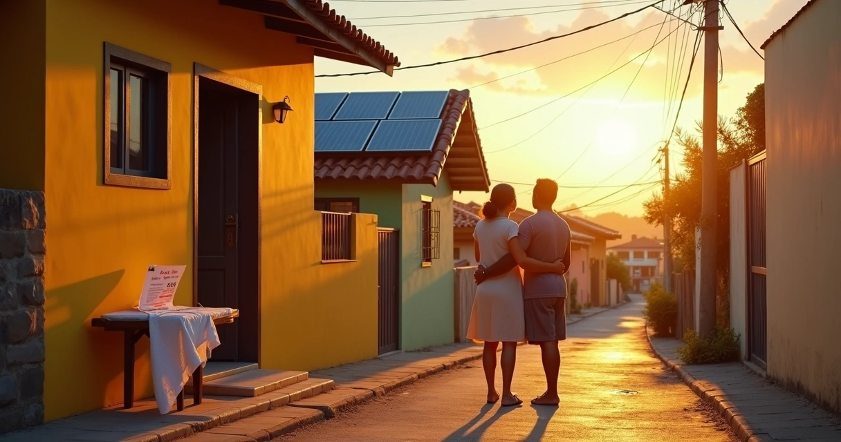 Família pernambucana olhando telhado com placas solares ao entardecer 