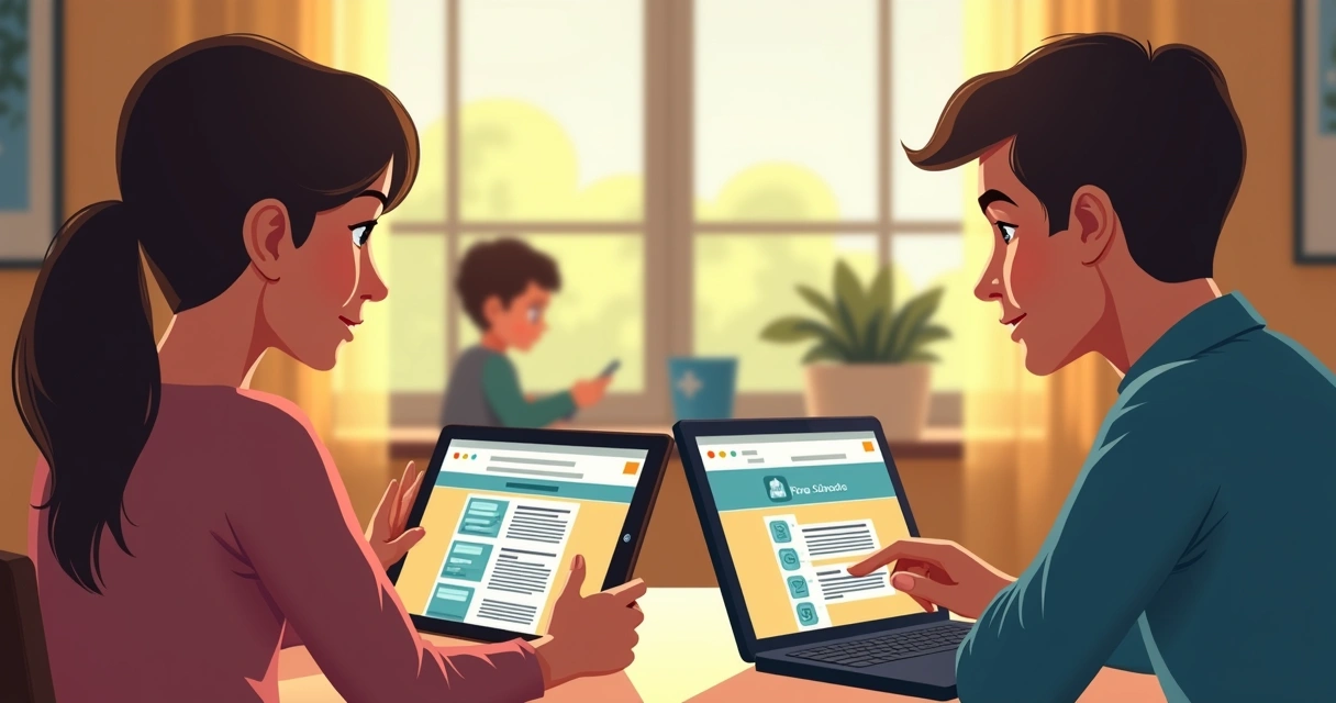Família analisando escolas pelo computador e celular 