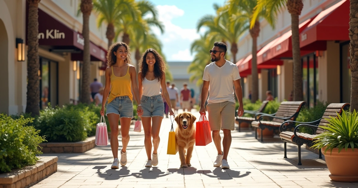 Família caminhando com cachorro em outlet de Orlando 