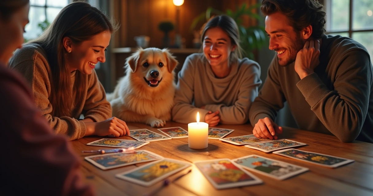 Família com cachorro e baralho de tarot sobre mesa de madeira 