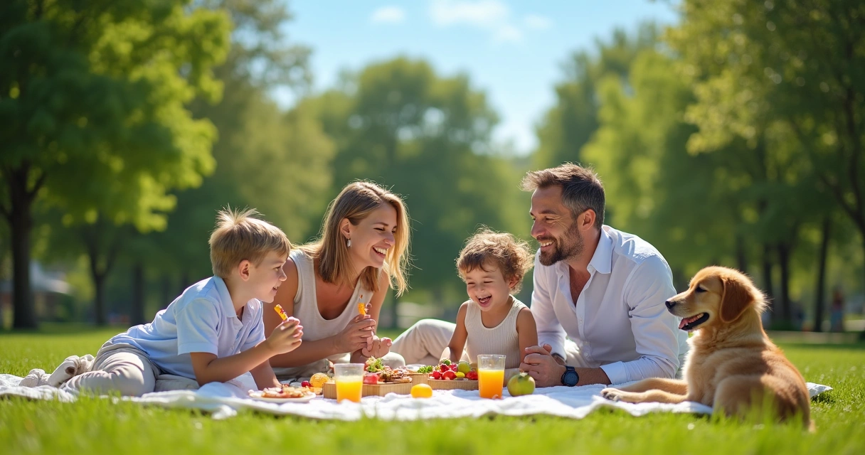Família fazendo piquenique em parque durante as férias 