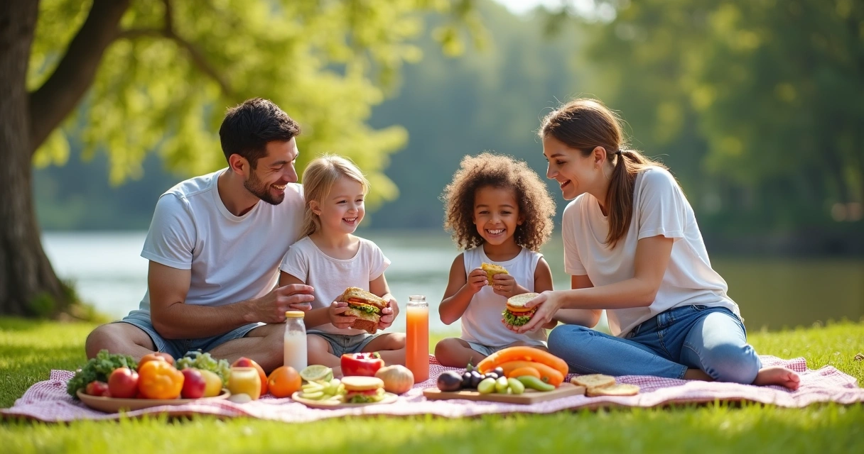 Família de quatro pessoas sentada em toalha xadrez com cesta de frutas, vegetais e sanduíches naturais 