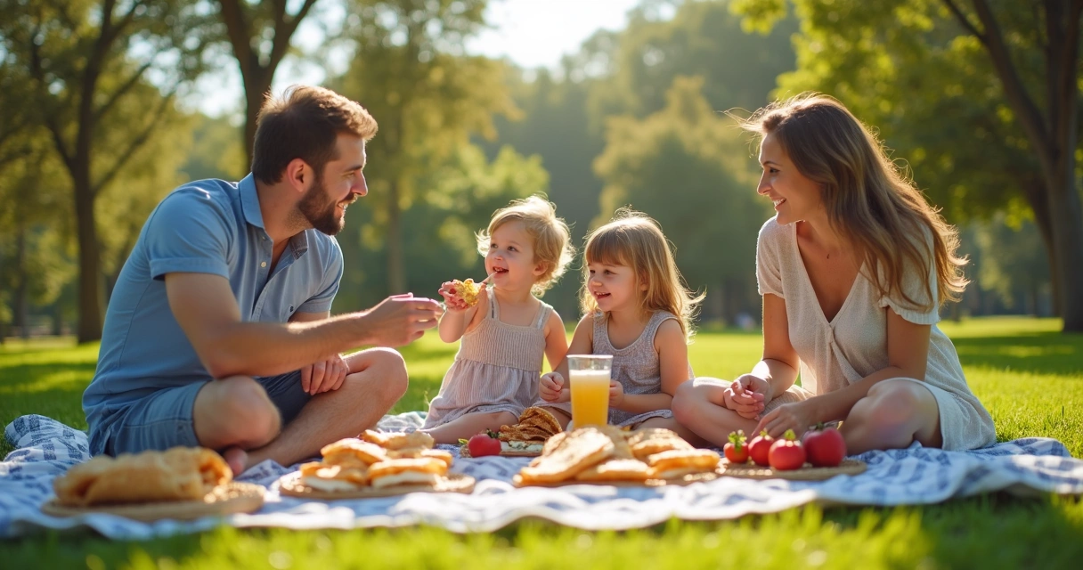 Família em piquenique ao ar livre com crepes artesanais 