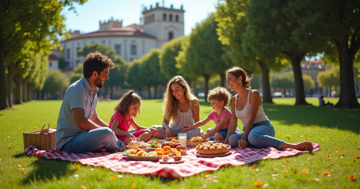 Família brasileira fazendo piquenique durante feriado português