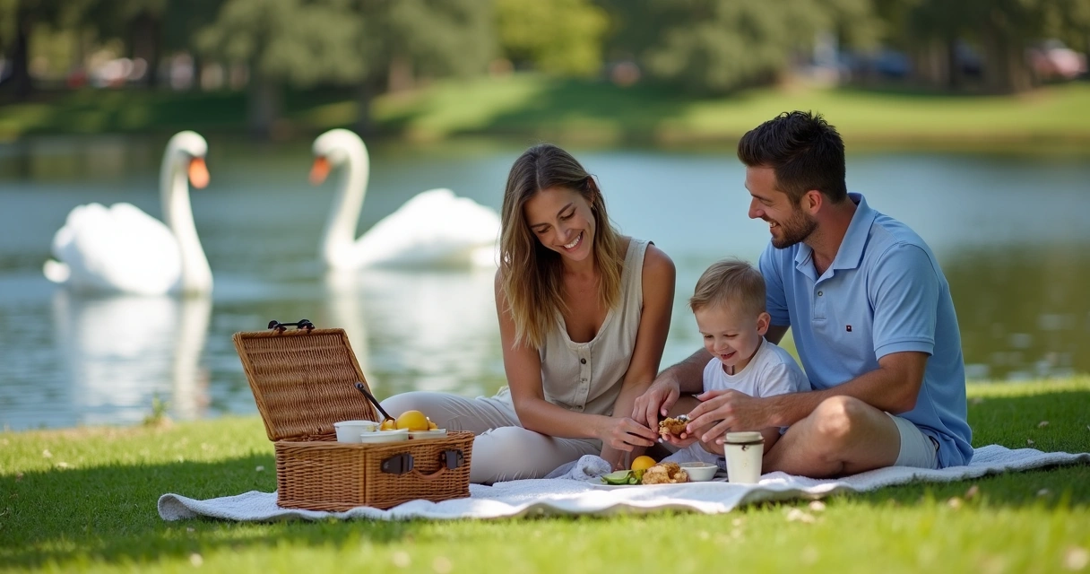 Família faz piquenique no Lake Eola em Orlando 