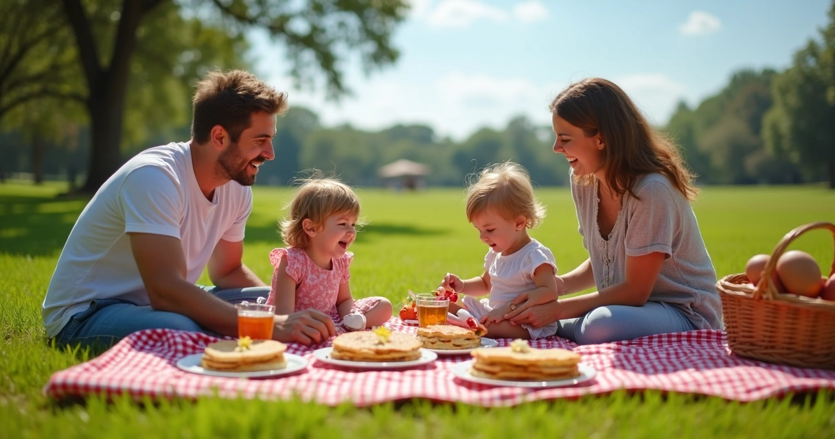 Família fazendo piquenique no gramado de parque com crianças e toalha xadrez 