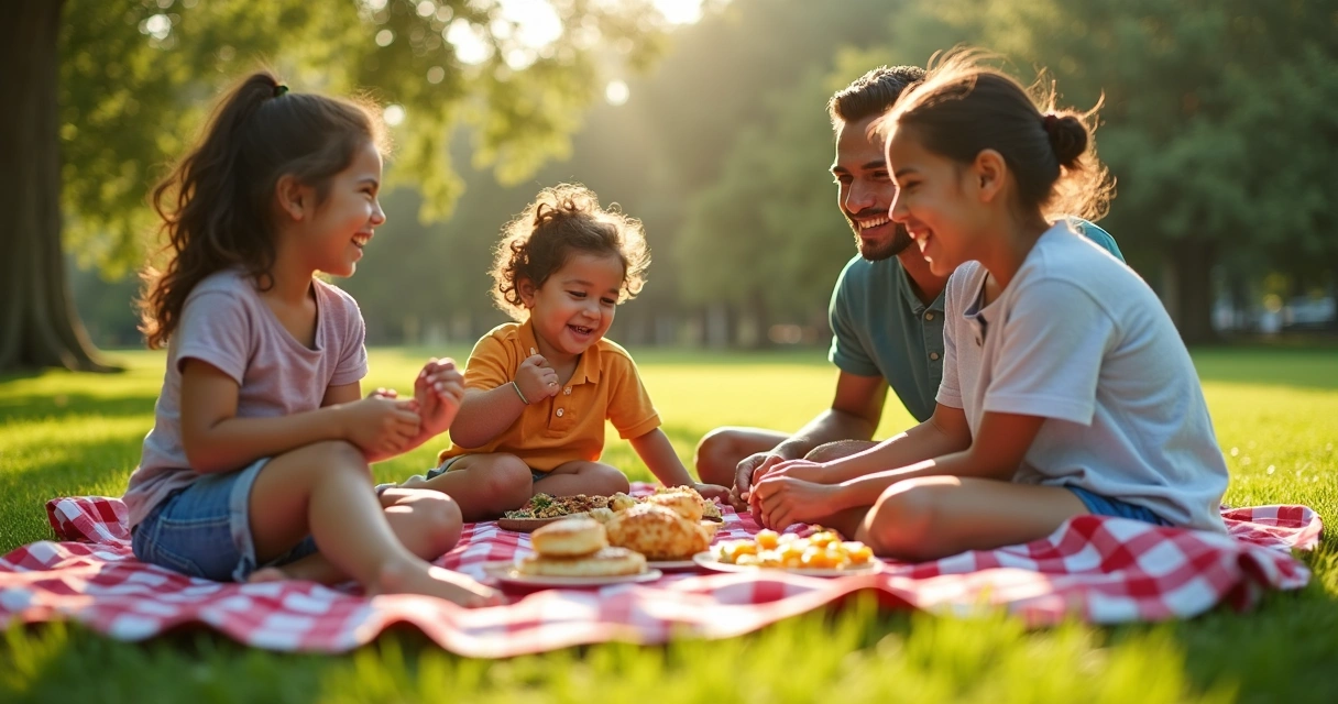 Família brasileira fazendo piquenique animado em parque de Orlando 