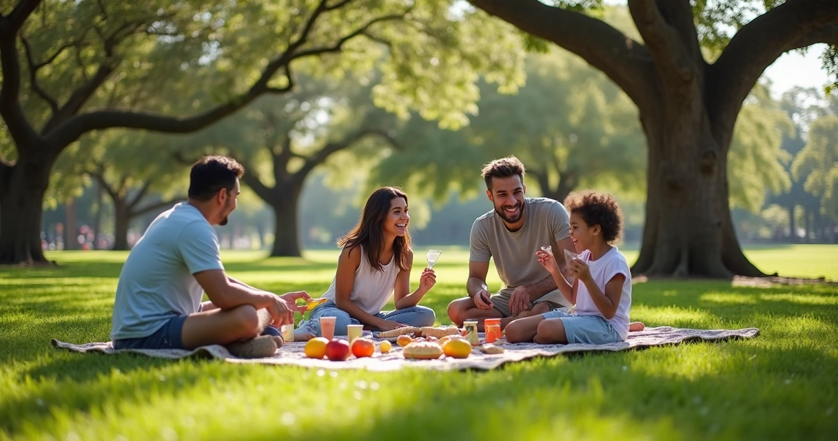 Família fazendo piquenique em parque gramado com árvores e crianças brincando 