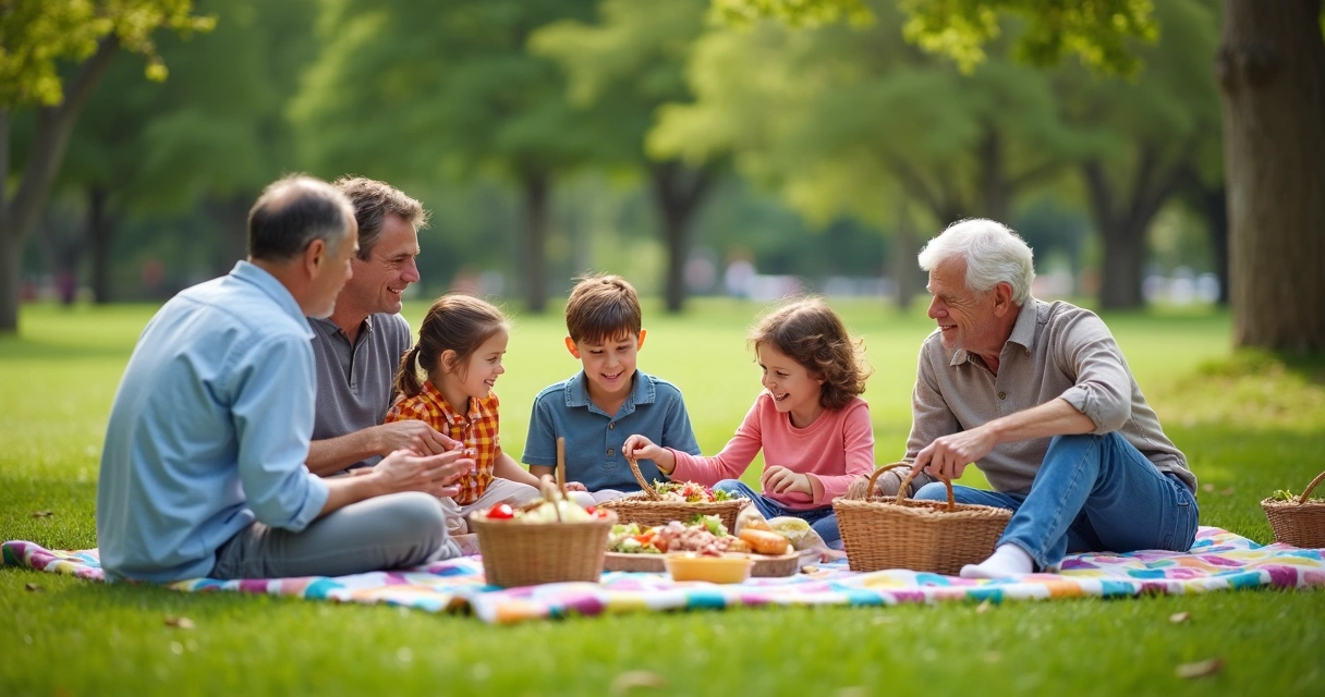 Família reunida em piquenique com crianças e idosos 