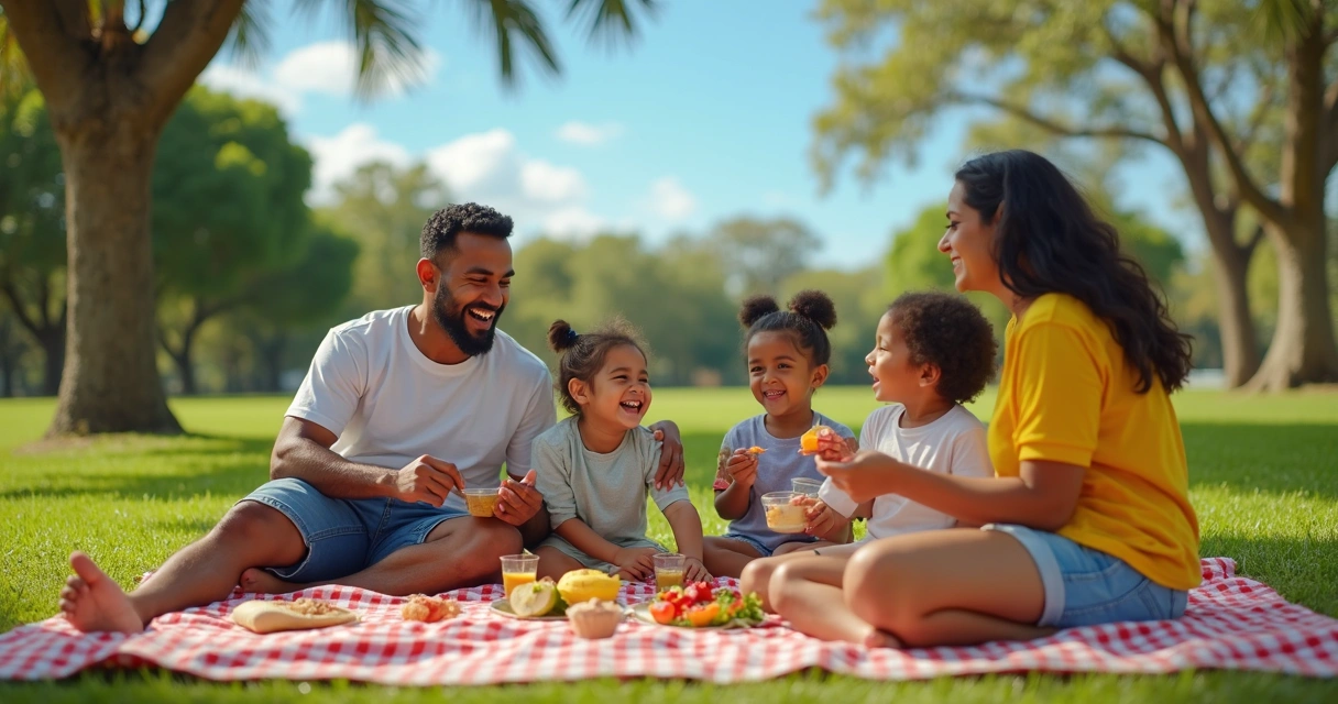 Família brasileira fazendo piquenique em parque de Orlando 
