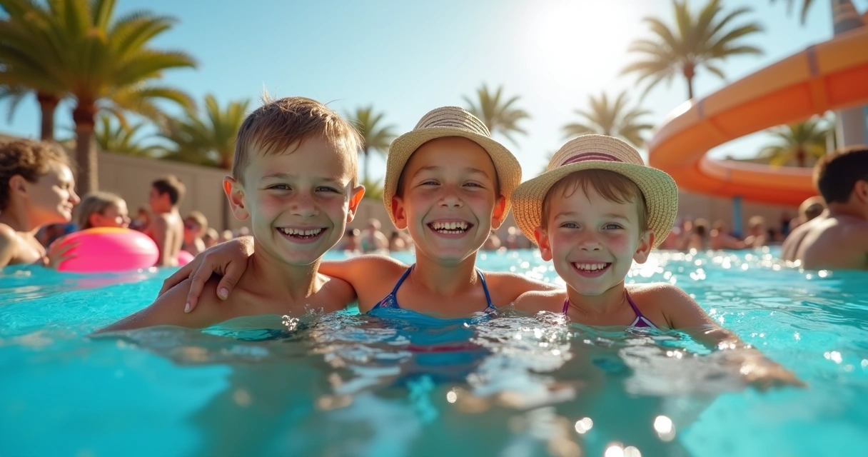 Família sorrindo em piscina de parque aquático 