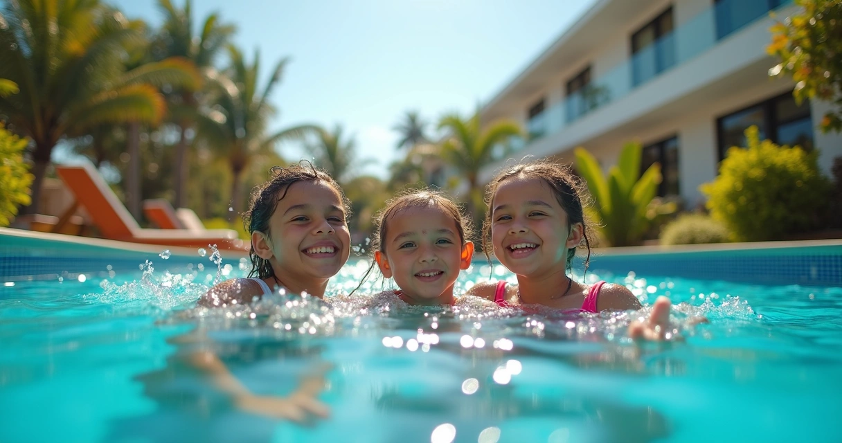 Família aproveitando piscina de hotel durante o dia 