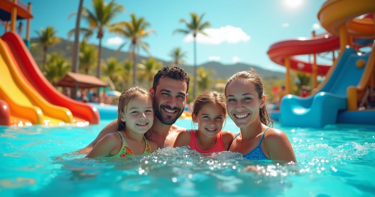 Família com crianças se divertindo em piscina de parque aquático, sorrindo e brincando juntos 