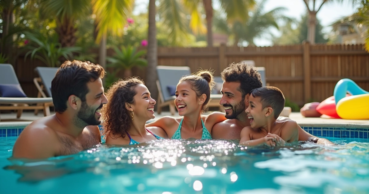 Família se divertindo em piscina privativa de casa em Orlando