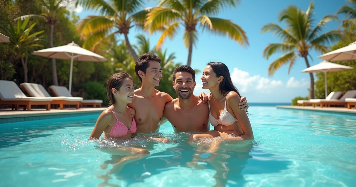 Família se divertindo em piscina de resort brasileiro 