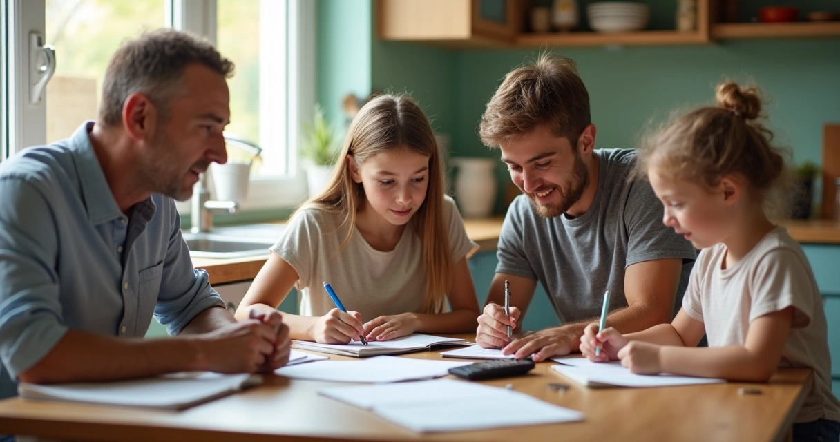 Família reunida planejando compras com lista e anotações na mesa