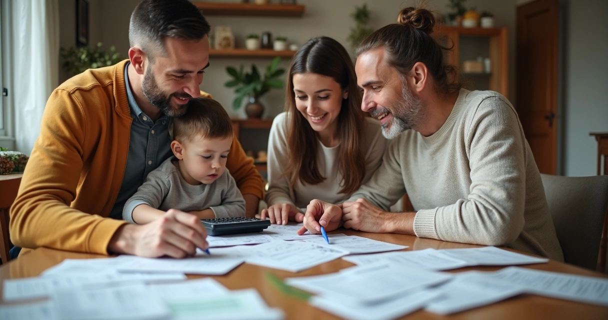 Família sentada à mesa analisando contas e lista de compras 