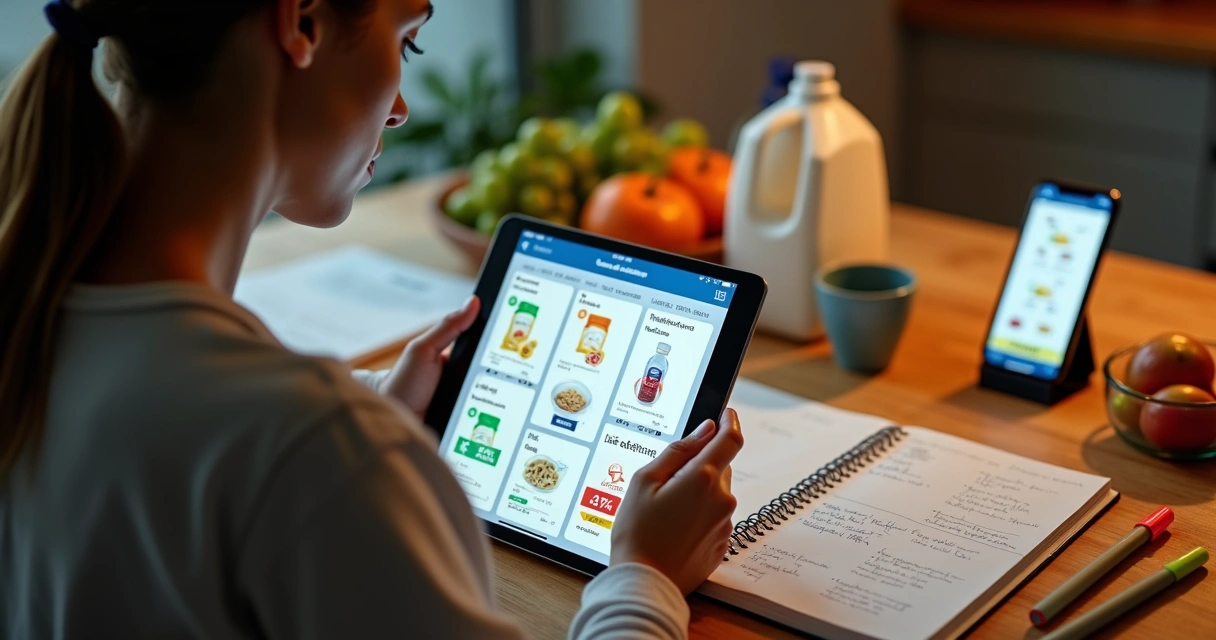 Mãe usando tablet para organizar descontos de supermercado na mesa da cozinha 