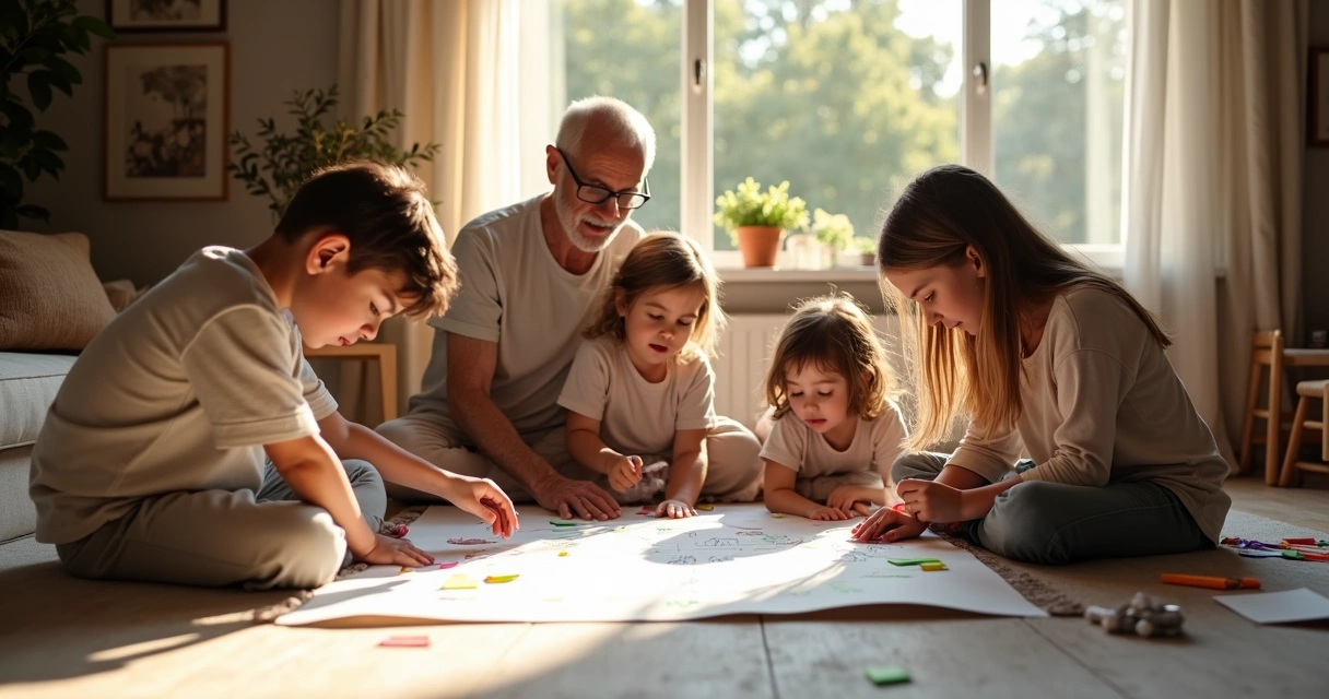 Família sentada em sala desenhando sonho de futuro em cartolina