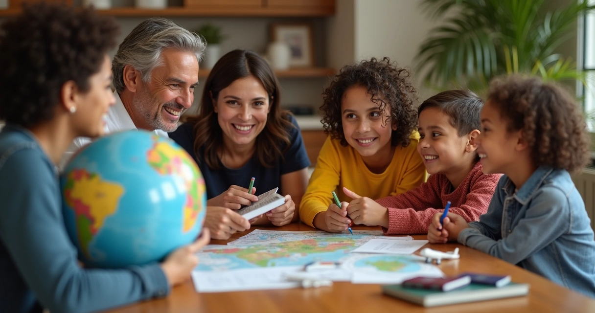 Família brasileira planejando viagem ao exterior com consultor em mesa de jantar;