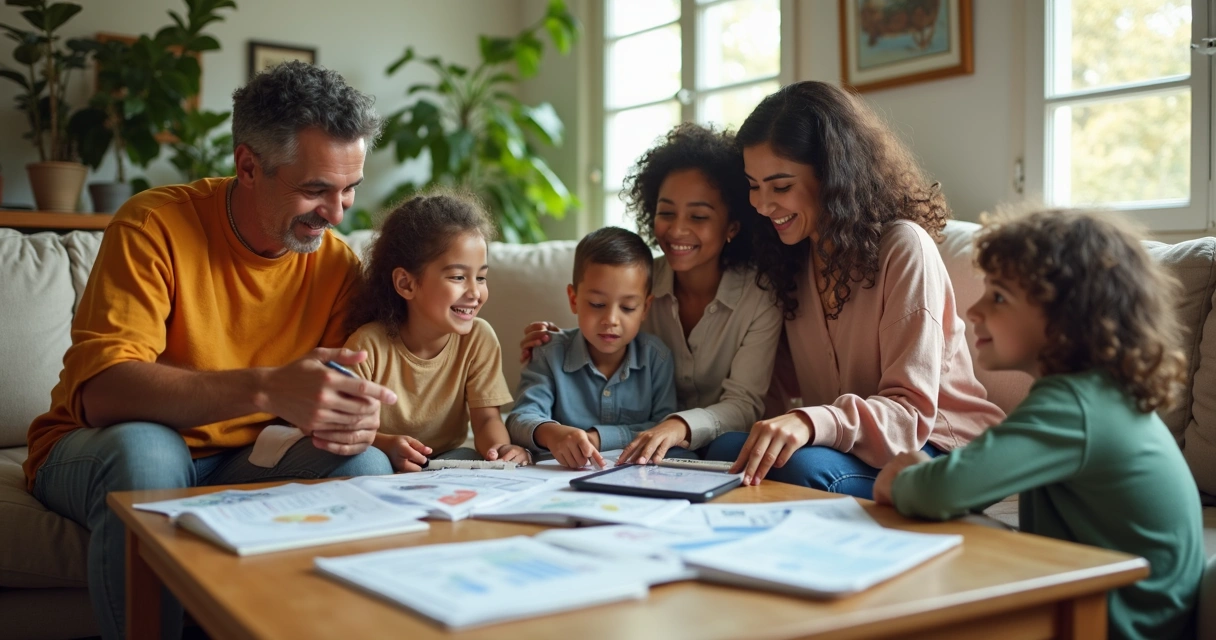 Família reunida conversando sobre finanças em casa