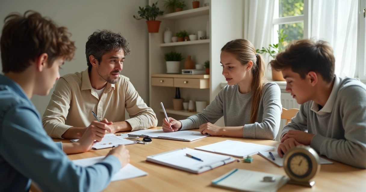 Família reunida planejando a proteção dos bens com tabelas e objetos de valor 