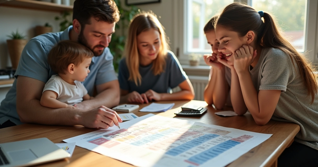 Família analisando tabela de gastos em diferentes moedas em casa 