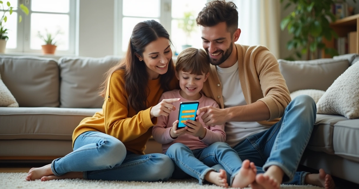 Família reunida na sala examinando juntos metas no celular 