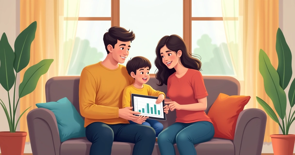 Dois adultos e uma criança olhando juntos para uma tela de tablet com gráficos, sentados no sofá 