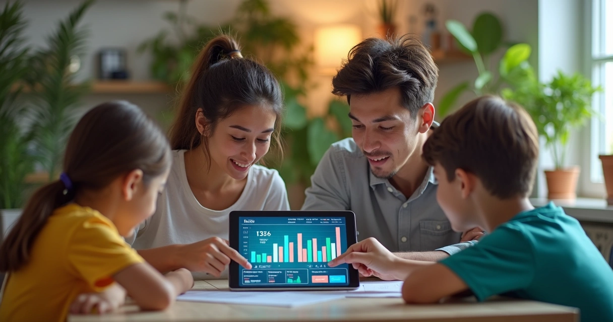 Família reunida planejando finanças em tablet