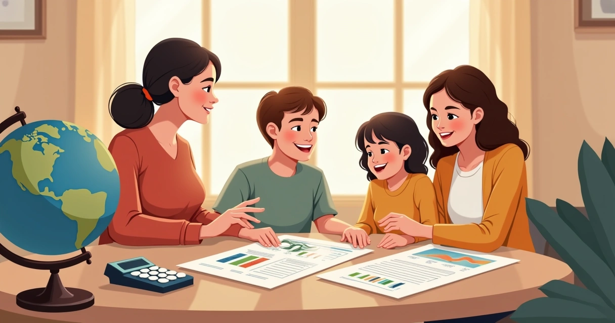 Família sentada junta em casa conversando sobre planejamento financeiro com documentos. 