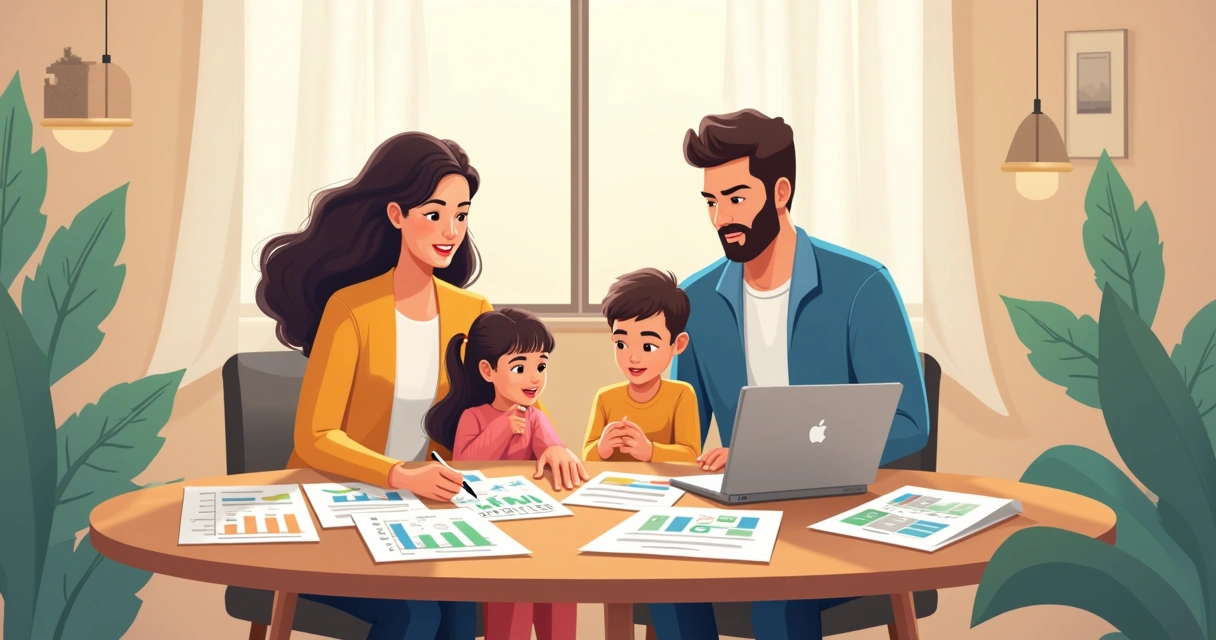 Família reunida em volta de uma mesa discutindo planejamento financeiro 