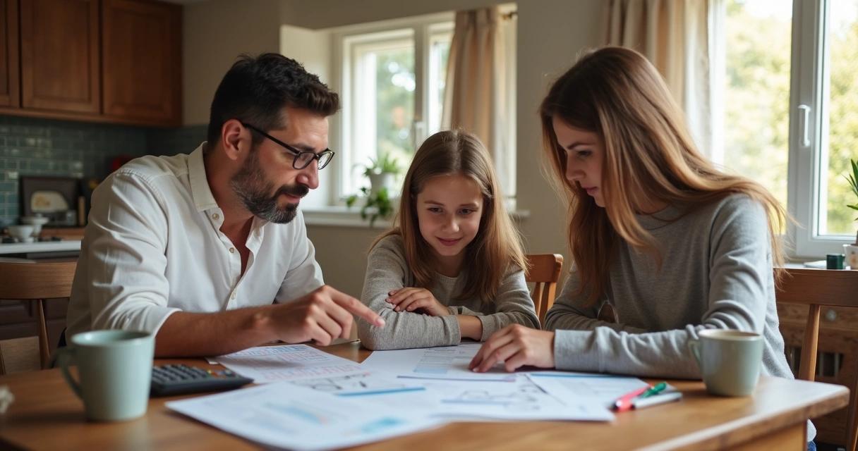 Família reunida analisando orçamento em casa 