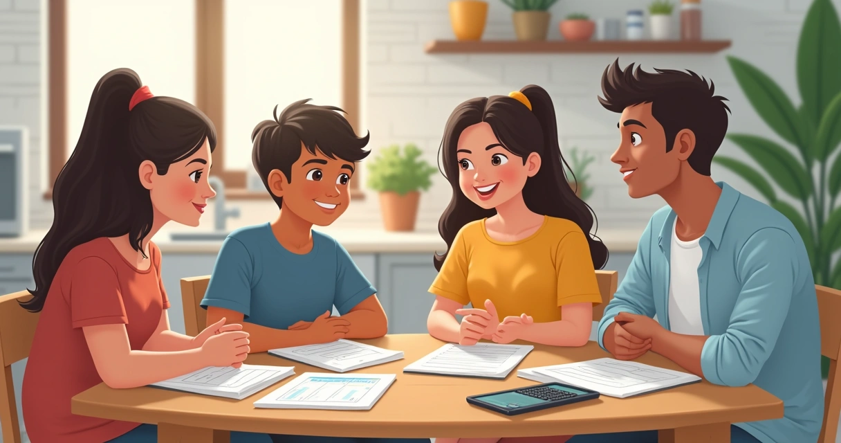 Família reunida mesa discutindo planejamento financeiro 