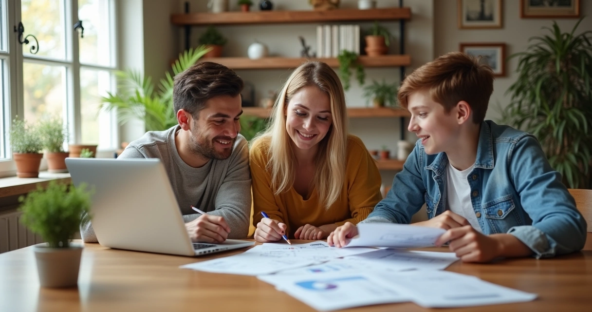 Família reunida revisando o orçamento com notebook e papéis