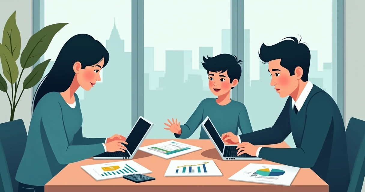 Pais e filho adolescente ao redor da mesa analisando gráficos financeiros 