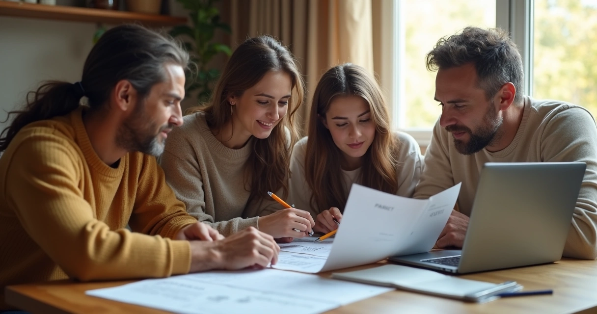 Família reunida à mesa analisando anotações financeiras 