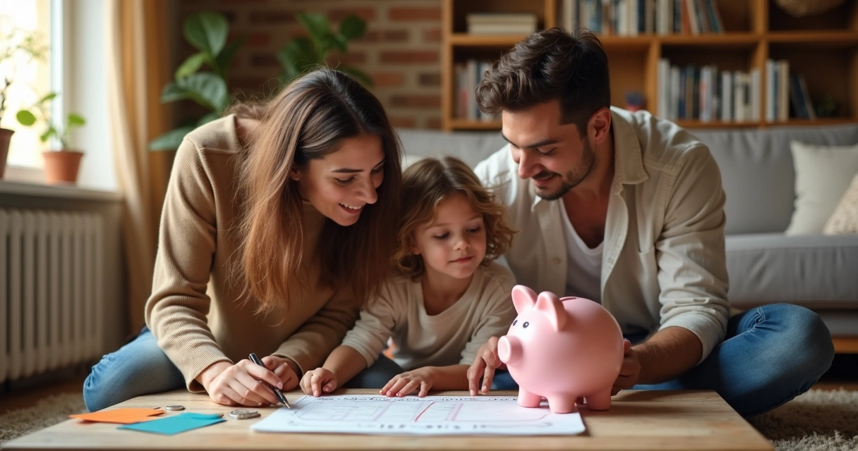 Família reunida fazendo planejamento financeiro em casa