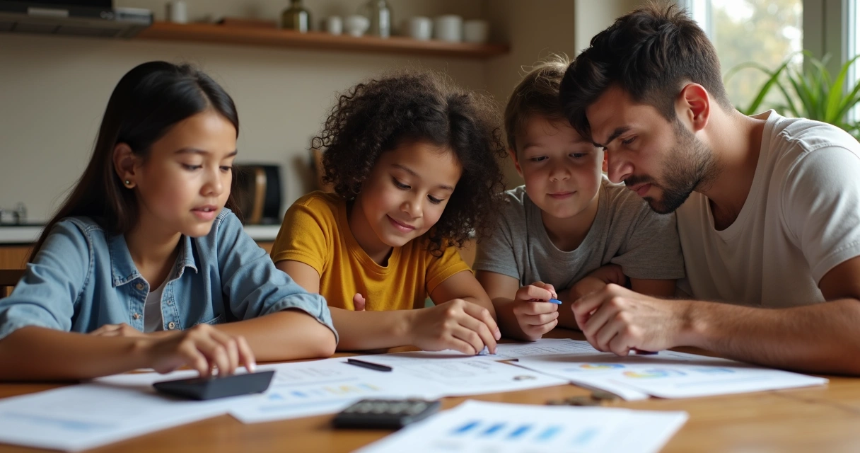 Família reunida à mesa analisando papel e calculadora. 
