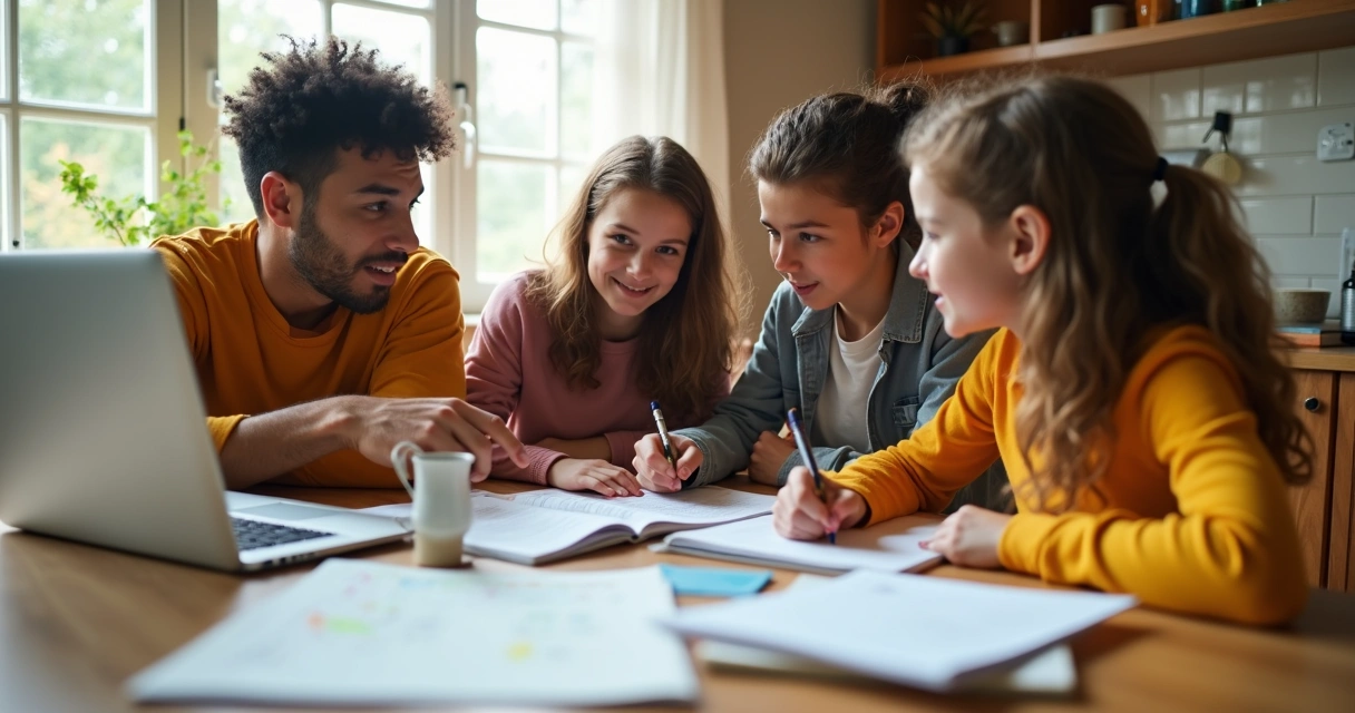 Família reunida à mesa planejando finanças com anotações e computador 