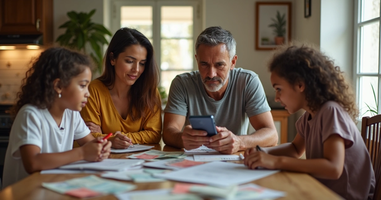Família brasileira reunida analisando contas na mesa com celular e papel 
