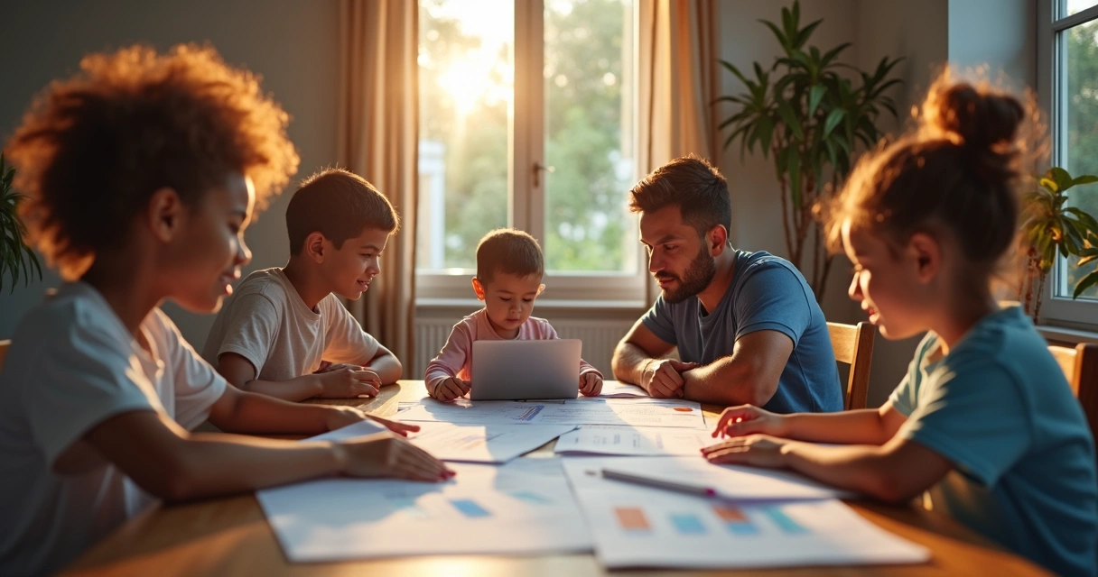 Família analisando contas e planejando finanças 