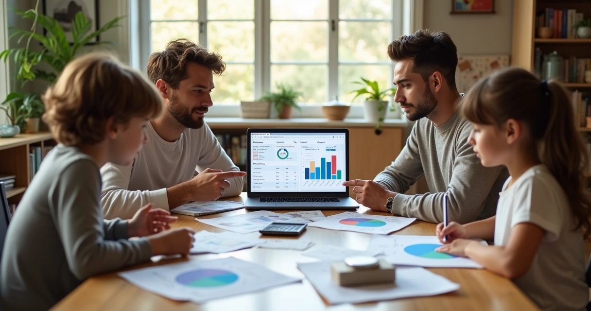 Família sentada à mesa analisando orçamento com gráficos e anotações 