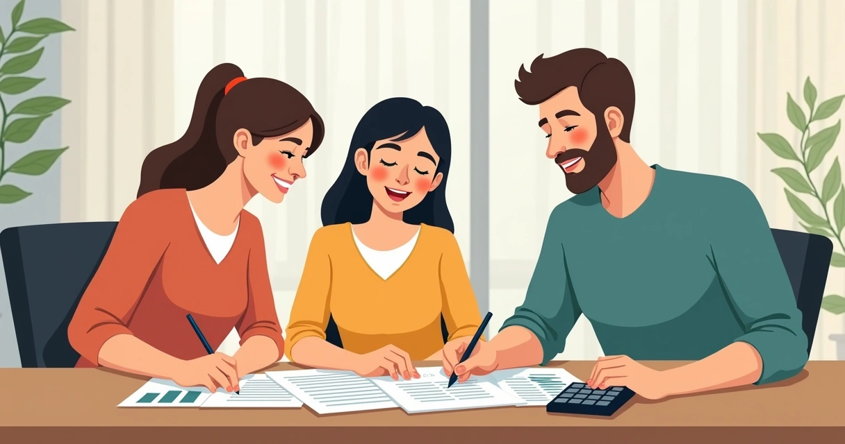 Família reunida em mesa planejando fundo para funeral 