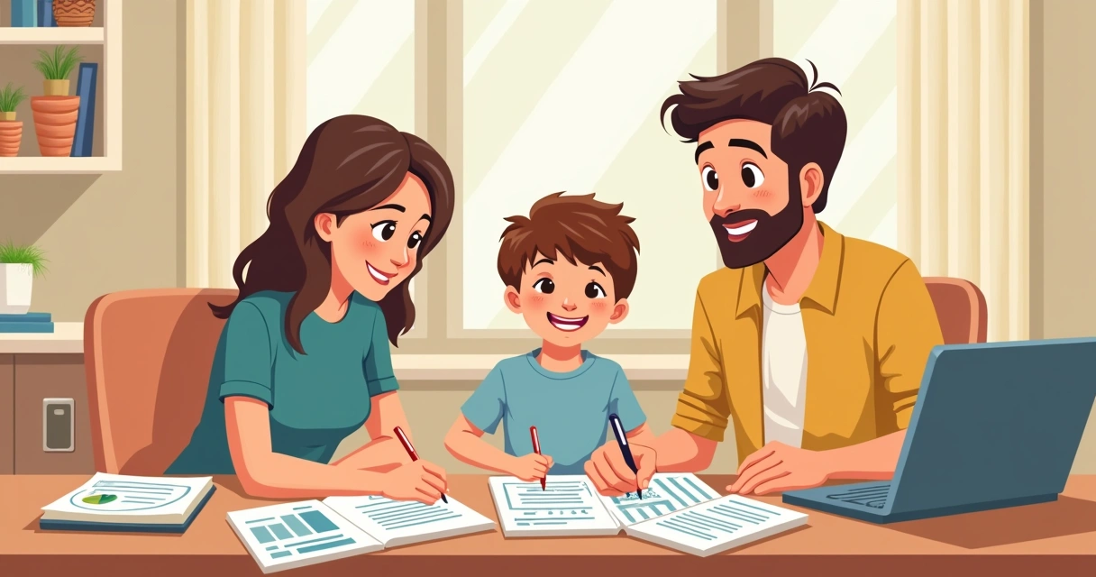 Família reunida planejando hábitos financeiros