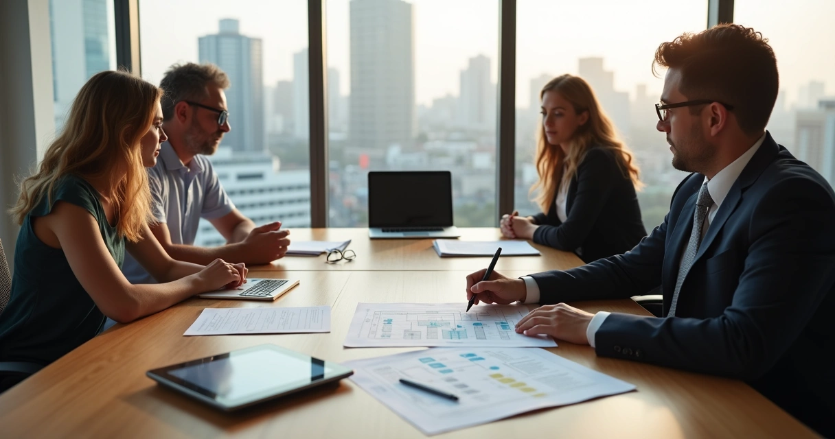 Família reunida com advogado analisando documentos de holding em mesa de reunião moderna 