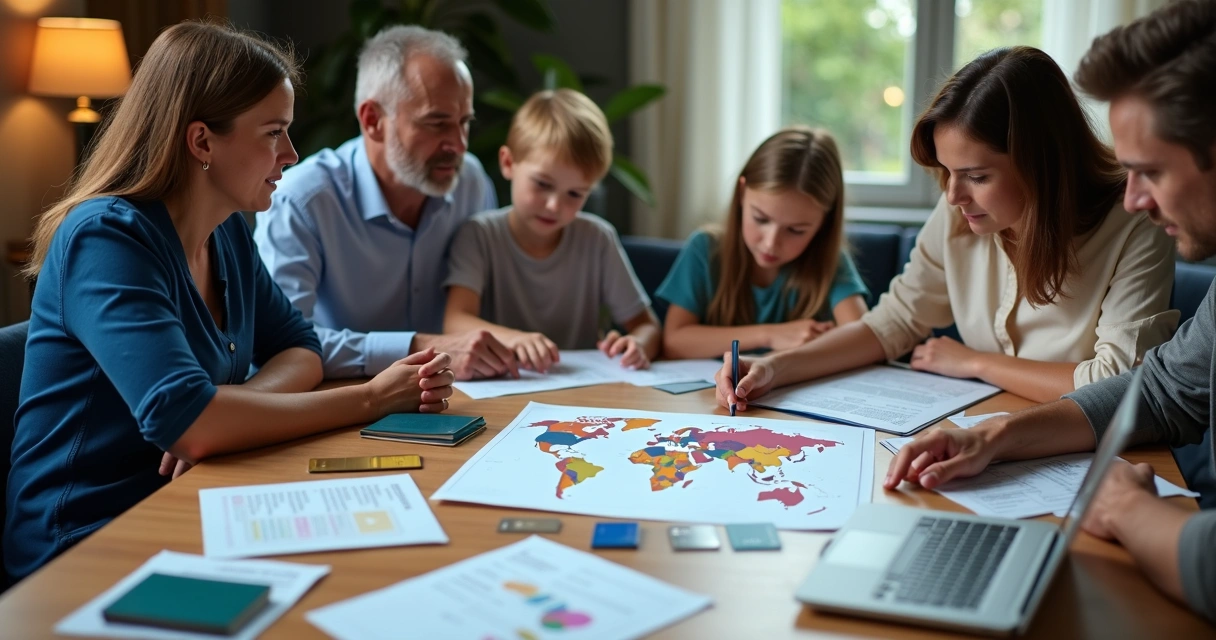 Família e consultores analisando planejamento patrimonial internacional em mesa 